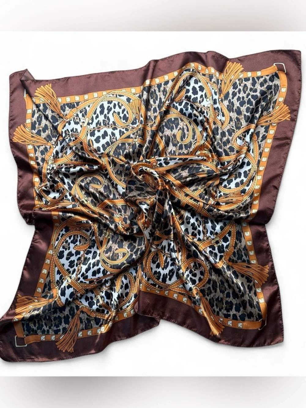 Leopard Print Equestrian Baroque Belt Tassel Square Scarf 35x35
